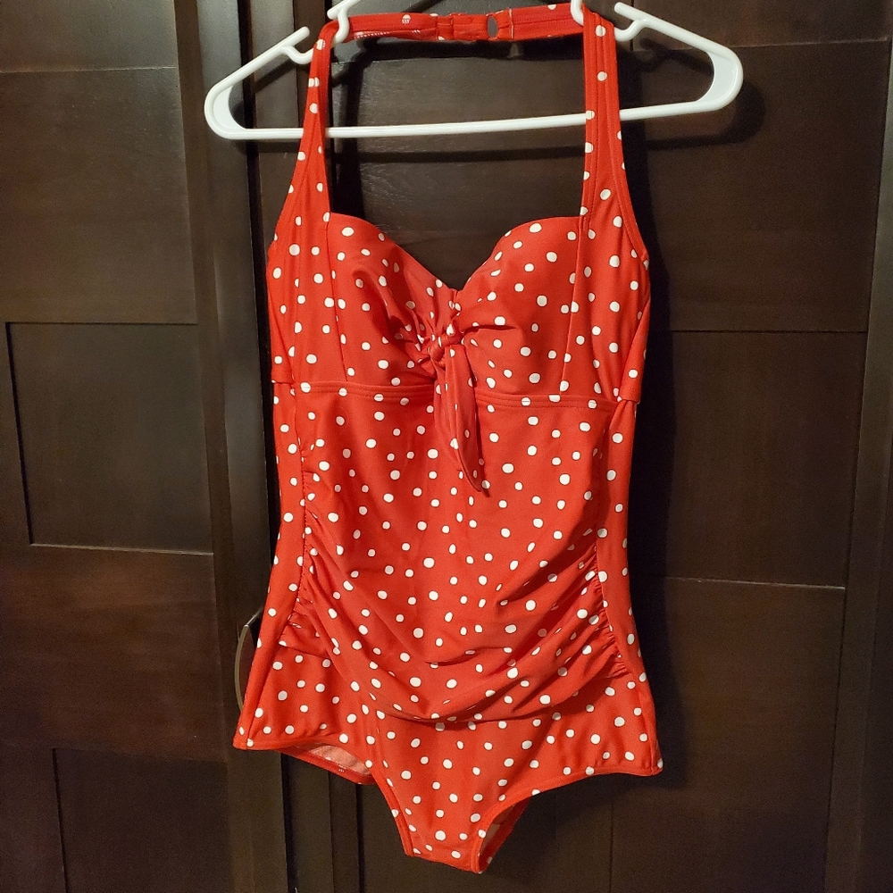 Figleaves Tuscany Wired Halter Neck Swimsuit Red Polka Dot 34E